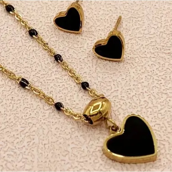 Gold and Black Heart Necklace and Earrings Set - Picture 4 of 5